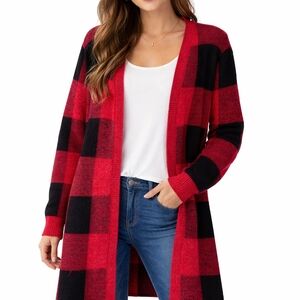 Open Front Red & Black Buffalo Plaid Long Cardigan Sweater
